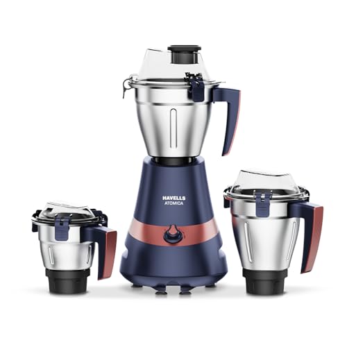 Image of Havells Atomica 1000W 3 Jar Mixer Grinder | 3 Speed | Air Vent Tech | Stainless steel blade | Dark Blue and Brown color