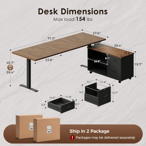 Image of OffiGo 71 inch L Shaped Electric Standing Desk with Cabinet Sets, Walnut /Black