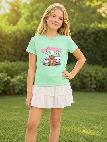 Image of Dvenki Girls Graphic Short Sleeve Crewneck T-Shirt Sizes 6-18 | breathable soft cotton blend, cute graphic prints, summer little and big girls tee, ideal casual wear for school, daily