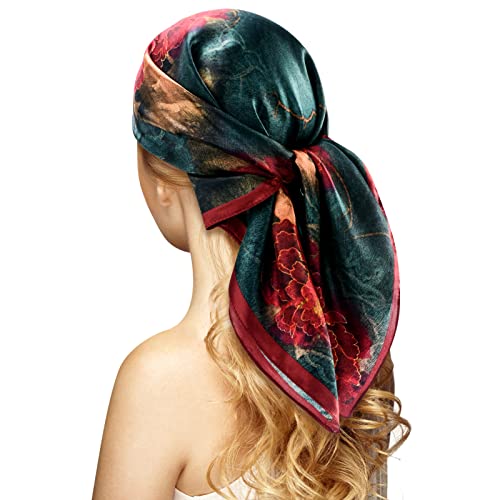 Stlvoll 100% Silk Head Scarf for Women - 27 Hair Scarves Satin Bandanas Square for Night Sleeping with Gift Packed (Flower (Red + Cyan))