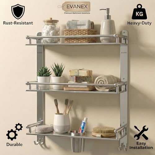 Image of EVANEX 3 Layer Bathroom Shelf Organizer 5x16x18 Inch Wall Shelf for Bathroom 6 in 1 Multipurpose Racks and Shelves with Soap Dish & Toothbrush Holder | Bathroom Accessories Set