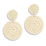 Rattan Earrings Handmade Straw Wicker Braid Woven Drop Earrings Boho Round Disc Earrings Lightweight Statement Stud Earrings For Women (rattan disc)