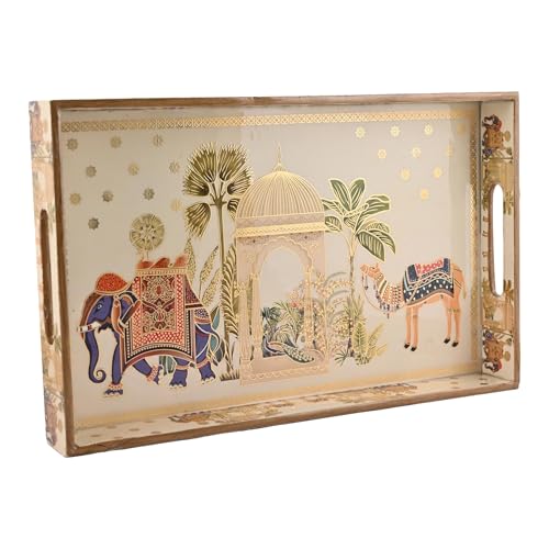 Image of Wooden Serving Tray with Gold Engraving | Set of 1 | Size : 16 x 10 inch | Enamel Coated Waterproof | Rectangular | Decorative Trays | Royal Camel Large