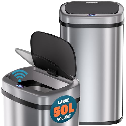 Monzana® Kitchen Bin with Sensor 50L | Garbage Recycle Rubbish Waste Trash Can | Stainless Steel Electric Lid | Battery or USB Power | LED Display | Silver