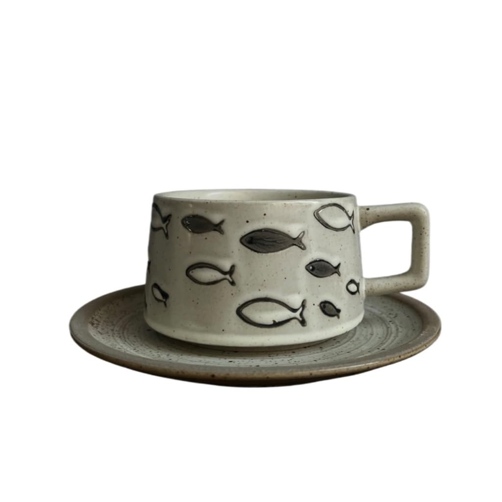 GHKryD Tea set, Ceramic Cup, High-end Milk Tea Shop, Retro Stoneware and Saucer 250ml Coffee Mug(4)