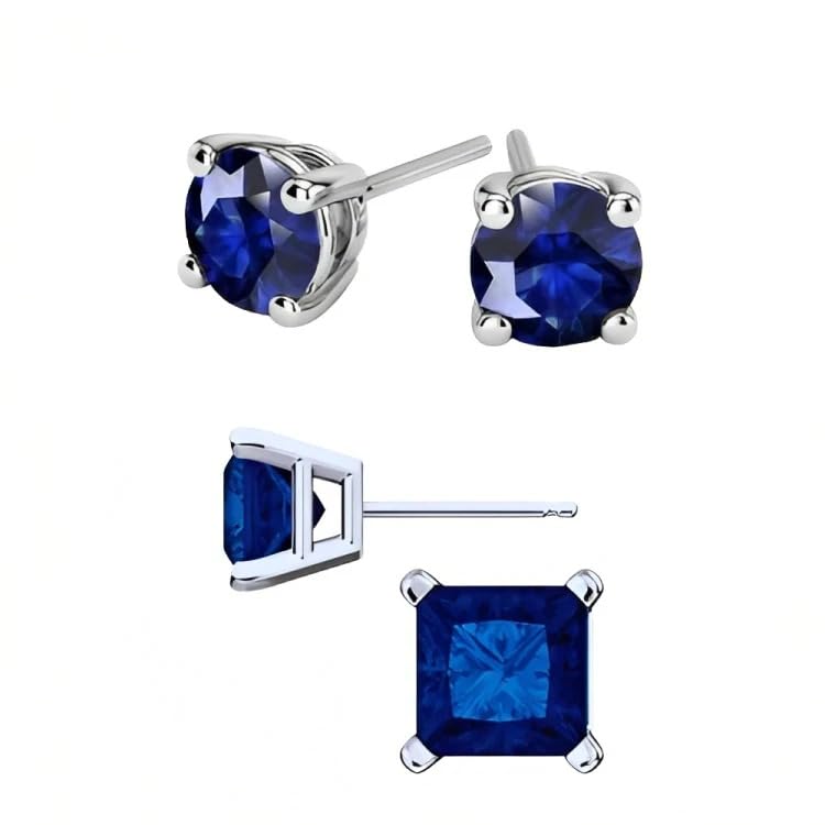 18k White Gold 2 Pair Created Blue Sapphire 6mm Round & Princess Cut Stud Earrings Plated