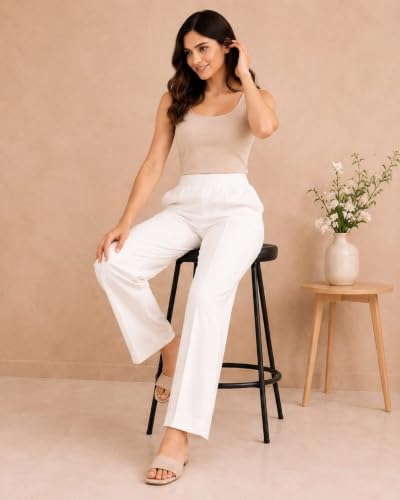 Image of Women's Mid Rise Wide Leg Trousers with Elastic Waist & Pockets