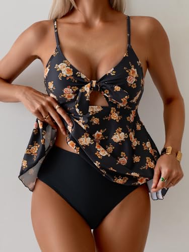 Image of Eomenie Two Piece Tankini Swimsuits for Women Tummy Control Cutout Bathing Suit Tie Knot Flowy Swim Dress with Bottom