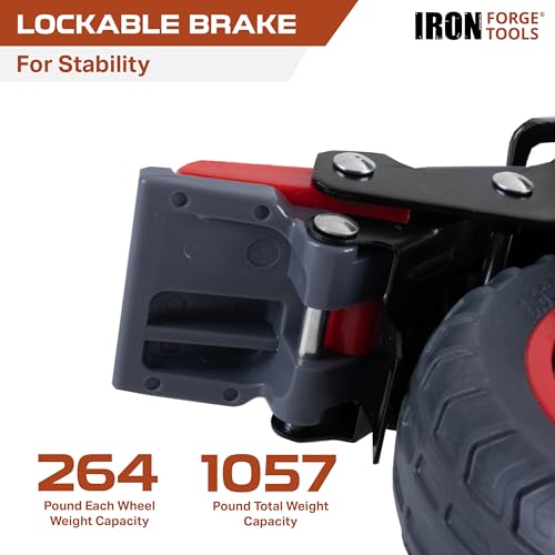 Image of Iron Forge Tools Heavy Duty Swivel Knobby Casters Set of 4, 6 inch Height, 5 inch Diameter, Solid PU Knobby Tread Heavy Duty Wheels, Swiveling Bases, Two Casters with Brakes, Two Without, Black & Red
