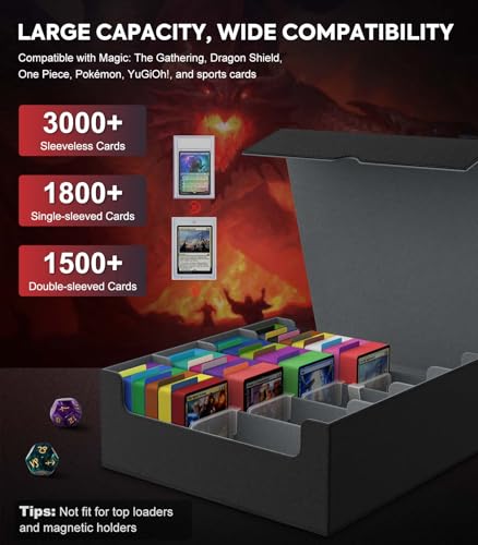 Image of MoKo Trading Card Storage Box, 3000+ MTG Deck Box with 24 Colorful Dividers & 4 Card Supporters, Commander Card Deck Case Fits for Magic Game Cards, YugiOh, TCG, PTG and Sport Cards, Black Grey