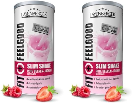 Layenberger Fit+Feelgood Slim Shake Powder, Mahlzeitersatz für 12 Portionen mit je 213 kcal (1x 396 g) - Rote Beeren-Joghurt (Packung mit 2)
