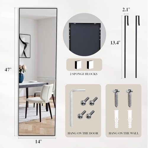 Image of Alpen Mirror Full Length - Over The Door Hanging, 47x14 Inches Hanging Door Mirror Full Body, No Drill Installation, Suitable for Bedroom & Closet, Black