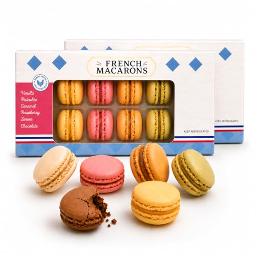 Imported from France Assorted Macarons, 24 Count Gourmet French Macaron Gift Box with Vanilla, Pistachio, Caramel, Raspberry, Lemon & Chocolate Flavors, Creamy Filled Dessert Cookies, 11.2 oz
