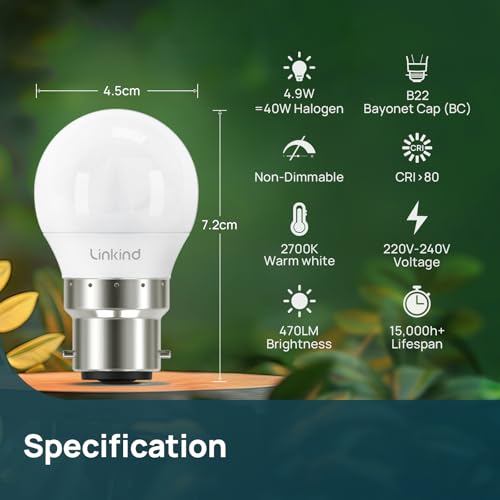 Linkind Bayonet Light Bulb 40w Equivalent,Warm White 2700K, 4.9W 470lm B22d LED Bulbs,G45 Golf Ball Energy Saving Bulbs, Non-Dimmable, 4 Pack - Image 3