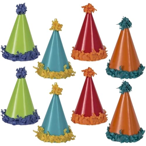 Vibrant Pom Pom Mini Party Hats (Pack of 8) - 4.25' - Multicolor Paper Cones - Perfect for Kids' Birthdays, New Year & Themed Events