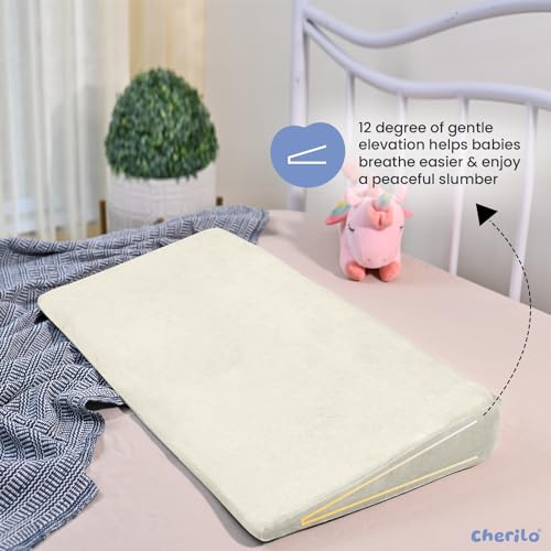 Image of Cherilo Full Size Elevated Wedge Pillow for Baby Crib & Mattress, Helps to Elevate Baby for Acid Reflux, Colic, GERD, Heat Burn & Vomiting | 28 inch x 14 inch x 3 inch | - with Removable Velvet Cover - Cream