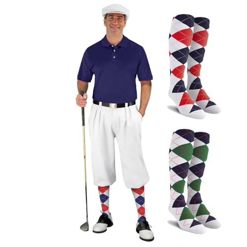 Mens Multi Style White Golf Outfit - Matching Knickers and Cap - Two Over-The-Calf Golf Socks