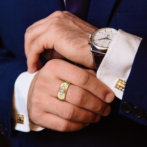 Mens Wedding Band 14K Gold/White Gold Plated Cubic Zirconia Rings for Men Engagement Rings Channel Set Classic Round Cut 8mm Promise Wedding Ring for Him Size 8-123