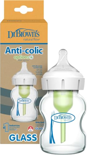 Image of Dr. Brown's Natural Flow Anti-Colic Options+ Wide-Neck Glass Baby Bottle 5 oz /150 mL, with Level 1 Slow Flow Nipple, 12 Pack, 0m+