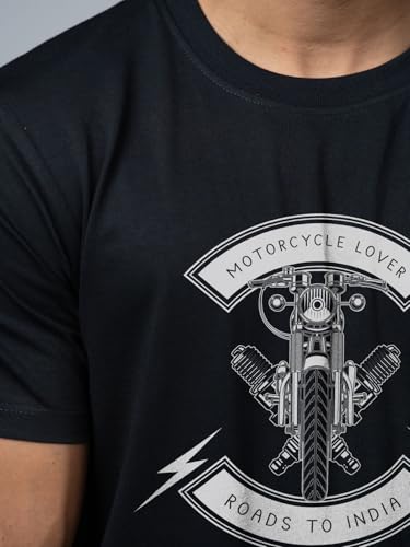 Image of T-Shirt for Men - 100% Cotton Ladakh Motorcycle Rider Half Sleeve Round Neck Graphic Print | Regular & Oversized Fit | 180 /220 GSM | S-5XL | Black, Navy Blue, Olive, Red, White