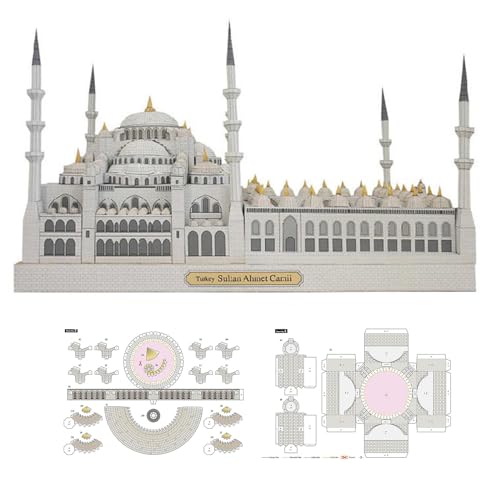 MOOKEENONE 3D Paper Blue Mosque Sudan Model, Mosque Architecture Model Kit for Home Desktop Decoration (Unassembled Kit)