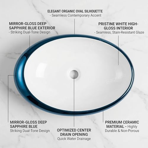 Image of B Backline Ceramic Designer Oval Shape Premiem Counter Top /Over Counter Wash Basin Table Top /Vessel Sink For Bathroom & Living Room 19 X 12 X Inch (Blue White)