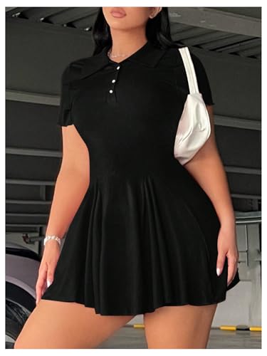 Women's Plus Size Ribbed Knit Golf Dress Button Front Short Sleeve A Line Collared Shirt Dresses4