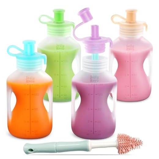 Jelly Ruru Silicone Reusable Baby Food Pouches with Straws, Leakproof Refillable Squeeze Pouches, Dishwasher, Freezer, Microwave Safe, Baby Food Storage for Homemade Puree, Yogurt (one size, Count, 4)