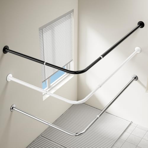 Onpira Eck-Duschvorhangstange Teleskop L-Form 90180cm Edelstahl selbstklebend oder schraubbar Ohne Bohren In Silber Schwarz Weiß 12 Varianten wählbar (Schraubversion Edelstahl 90x90cm)