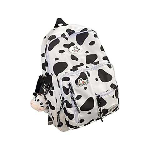 Coslike 30x12x40cm PVC Cow Print Backpack, Cow Backpack for School Water Resistant, Kawaii School Backpack, Girl Backpack with Cute Bear Ornament Cover