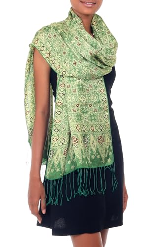 NOVICA Artisan Handmade Silk Batik Shawl Unique Indonesian Women's Accessories Shawls Green Hemlock Lucite Desert Sage Patterned Floral ' Emerald Garden'
