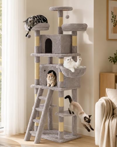 Image of Large Cat Tree, XL Multi-Level Cat Tower for Small & Large Cats with 2 Condos, 3 Perches & Hanging Hammock, Soft Plush Natural Sisal Scratching Posts, Stable for Multi-cat Families (Gray)