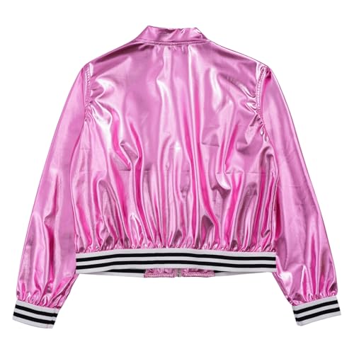 Loyan Kids Girls Metallic Bomber Jacket Coat Zip Up Long Sleeve Jazz Dance Crop Top Windbreaker Outerwear3