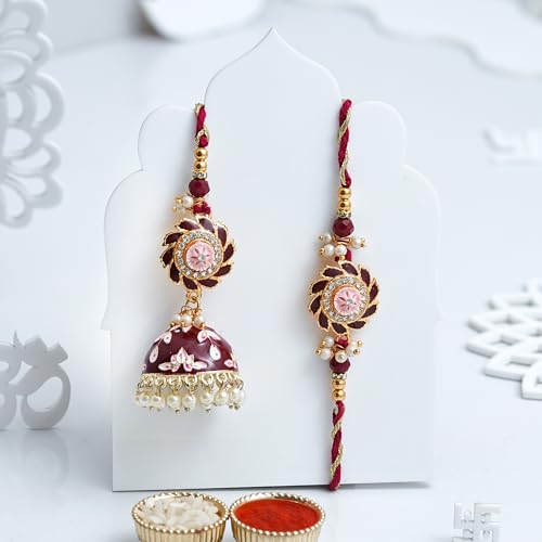 Image of eCraftIndia Brown Beautiful Floral Designer Bhaiya Bhabhi Rakhis with Best Bro Ever Fridge Magnet | Set of 2 Rakhi for Brother and Bhabhi | Lumba Rakhi | Roli Chawal Pack