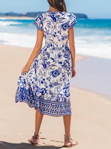 CUPSHE Women's Summer Dress Casual V Neck Floral Smocked Cap Sleeve Ruffled Vacation Midi Dress3