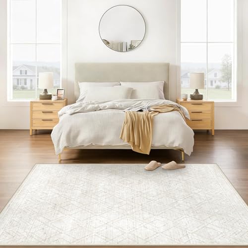 Tapete decorativo beige 5'x7' geométrico lavable antideslizante miniatura 7