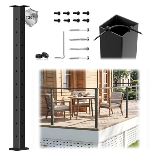 Image of 36 inch Swageless L-drilled Cable Railing Corner Post for Deck Cable Railing, T304 Stainless Steel Surface Mount 90 Corner Deck Post with Upgraded Black Powder Coating for Indoor Outdoor Porch