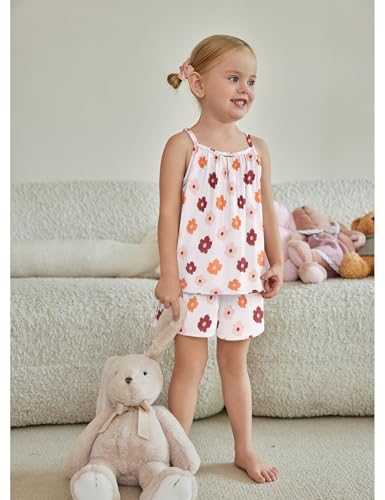 Image of Arshiner Toddler Girl Clothes 2 Piece A-Line Spaghetti Strap Top and Short Sets Cute Summer Outfits Pink Orange Flower 4-5T