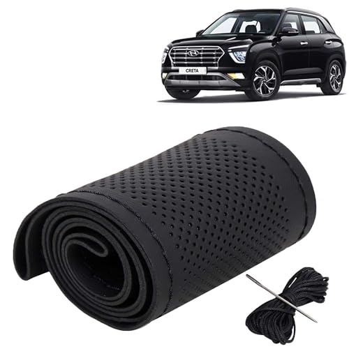 Image of KINGSWAY PU Leatherite Car Steering Cover Sewable Compatible with Hyundai Creta (Year 2020 Onwards), Black Color with Black Thread, Pack of 1 with Sewing Needle and Thread