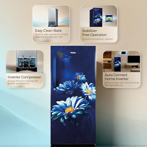 Image of Haier 190 L 5 Star Direct Cool Inverter Single Door Refrigerator with Fast Ice Making, Easy Clean Back, Large Vegetable Box (HED-205MHBA-P, Marine Hilton, Base Stand Drawer, 2026 Model)