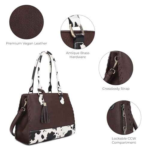 Image of JESSIE & JAMES Montana Whipstitching Cow Print Top Handle Satchel Purse with Adjustable Shoulder Strap