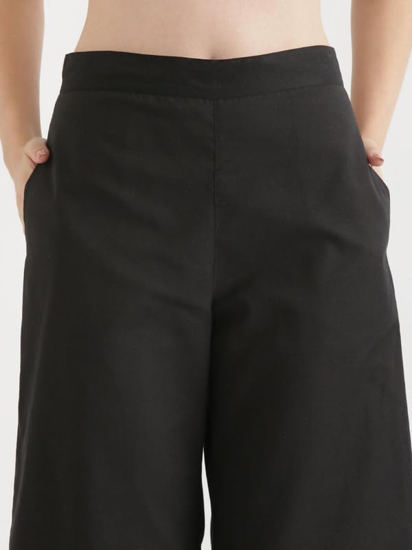 Image of SAADAA Women's Relaxed Fit Mid Rise Airy Linen Wide Leg Pants, High Waist Trousers for Formal, Casual & Office Wear