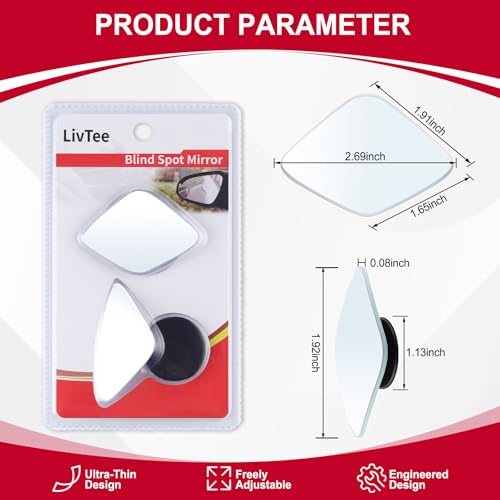 Image of LivTee Blind Spot Mirror,Rhombus Shaped HD Glass Frameless Convex Rear View Mirror with wide angle Adjustable Stick for Cars SUV and Trucks, Pack of 2