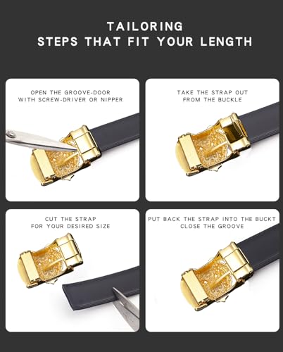 Luxury Men's Belts Gold Tiger Head Automatic Buckle Alloy, PU Leather Men Waist Strap, Slide Easier Adjustable Belt, Cut To Fit, Men Dress Casual Ratchet Belt (49in)3