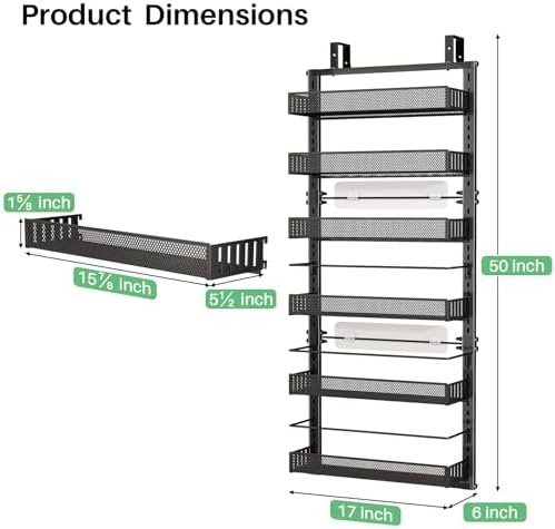 SAYZH Over the Door Pantry Organizer Metal - Hanging Spice Rack for Kitchen Pantry, Adjustable Clearance, Black