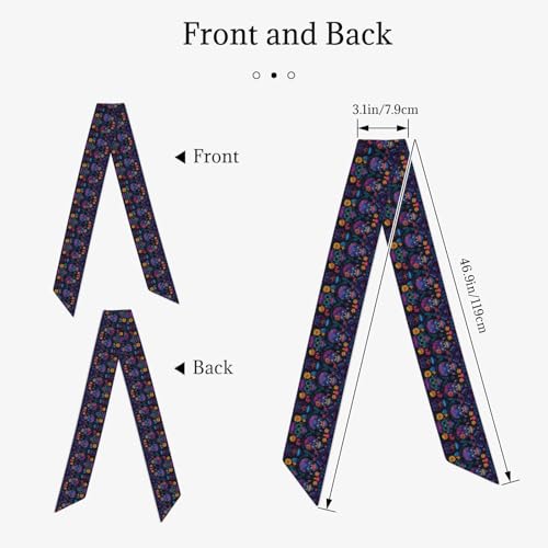 Sugar Skull Day of The Dead Flowers Women's Head Scarf Thin Long Neck Scarves Fashion Hairband Waistband Purse Scarf2