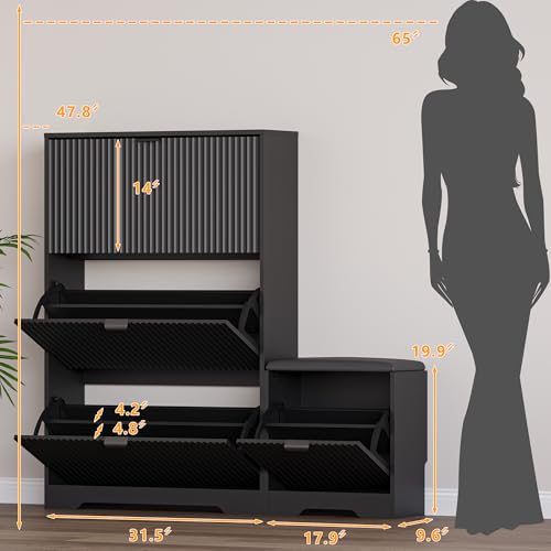 Image of BORNOON Slim Shoe Cabinet with Bench for Entryway, Hidden Storage and Adjustable Shelves, Free Standing Wooden Shoes Organizer for Hallway, Foyer