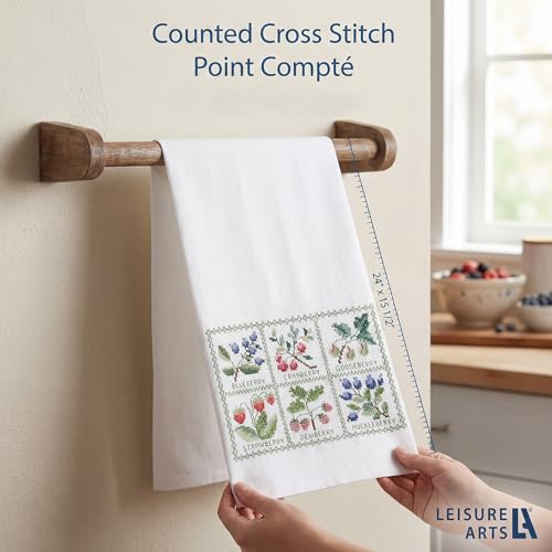 Image of LEISURE ARTS Dual Ended Huck and Aida Tea Towel Cross Stitch Kit, Berry Sampler, Cotton Towel, with Swedish Weave and Cross Stitch Panels