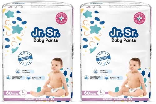 Image of Jr. Sr. Baby Diaper Pants | Large (L) Size (9-14 kg), 60 Count | Pack of 2 | Upto 12 hr Absorption with Advanced Leak Protection | Safe For Babies Skin | Soft, Secure & Comfy