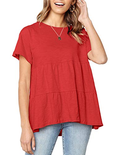 Women's Summer Loose Ruffle Hem Short Sleeve T Shirt High Low Peplum Blouse Tee (Medium, Red)